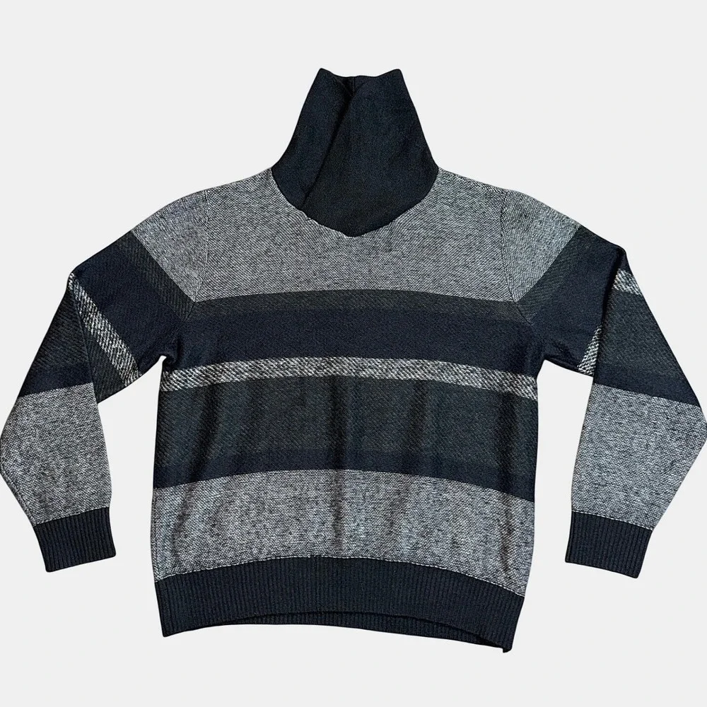 Express Mens Striped Funnel‎ Neck Sweater Black Grey Cotton Mohair Blend Large